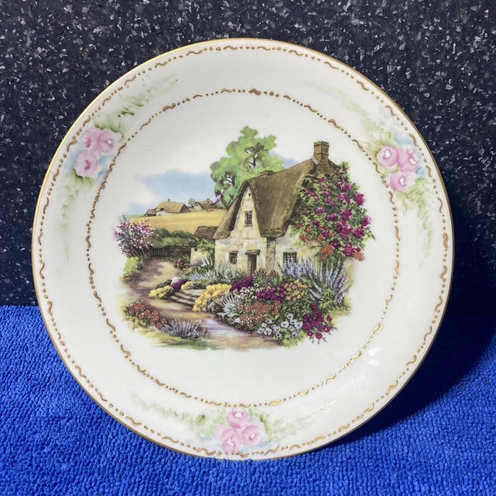 Antique Jean Pouyat Limoges France 7.5” Decorative Plate Cottage Scene Gold Trim